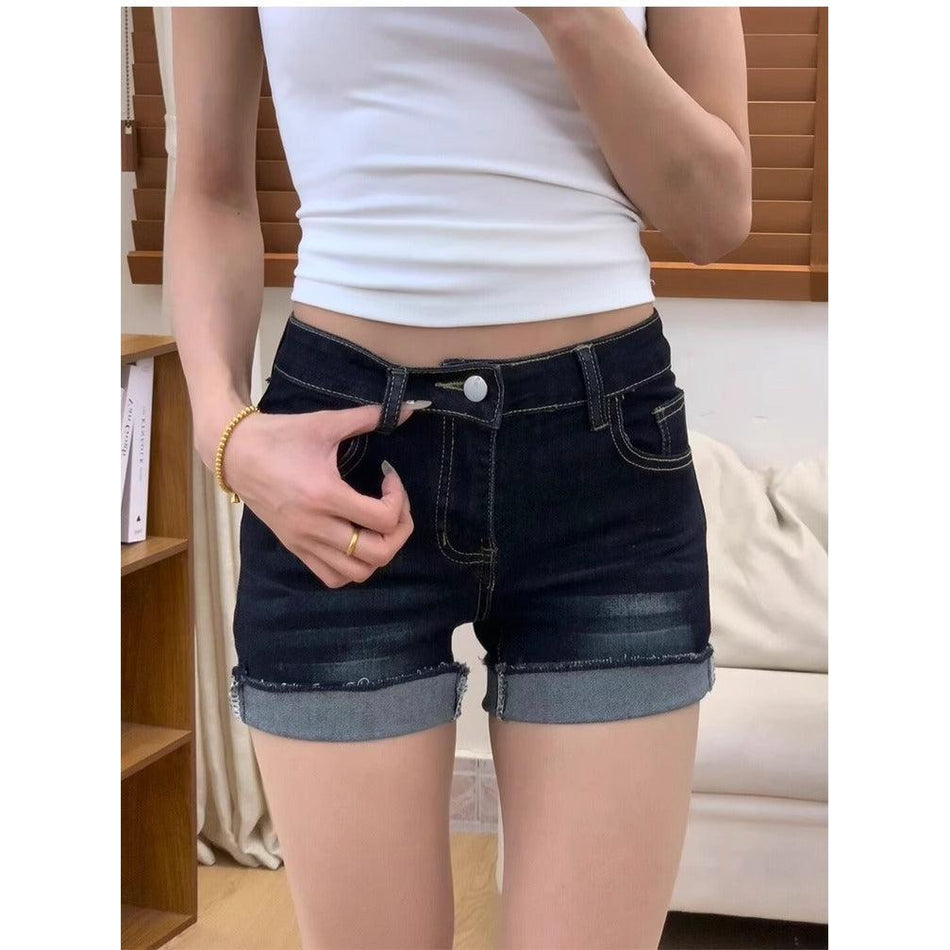 Dark Blue Low-Waist A-Line Denim Shorts for Women Style Chic