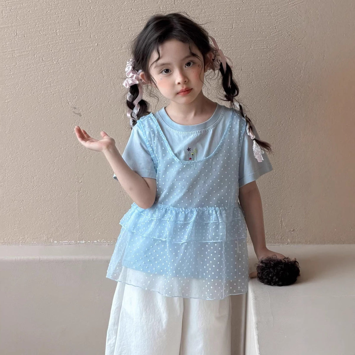 Girls Korean 3-Piece Mesh Vest Summer Suit 2026 – Summer Kids Fashion Nepal | Tudoholic