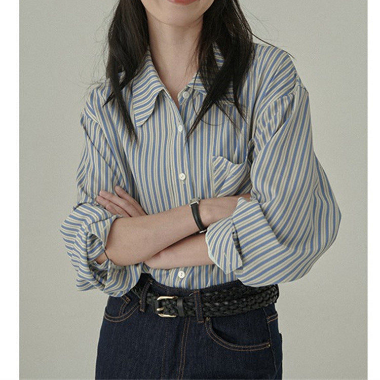 STOCK-Korean Lazy Style Blue Striped Long Sleeve Shirt Women