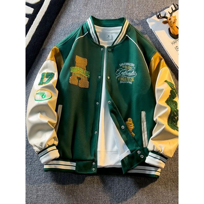 Spring Autumn American Embroidered Leather Sleeve Jacket