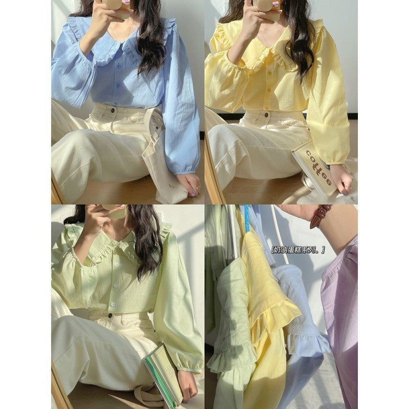 STOCK-Creamy Yellow Retro Doll Collar Shirt – French Spring Long