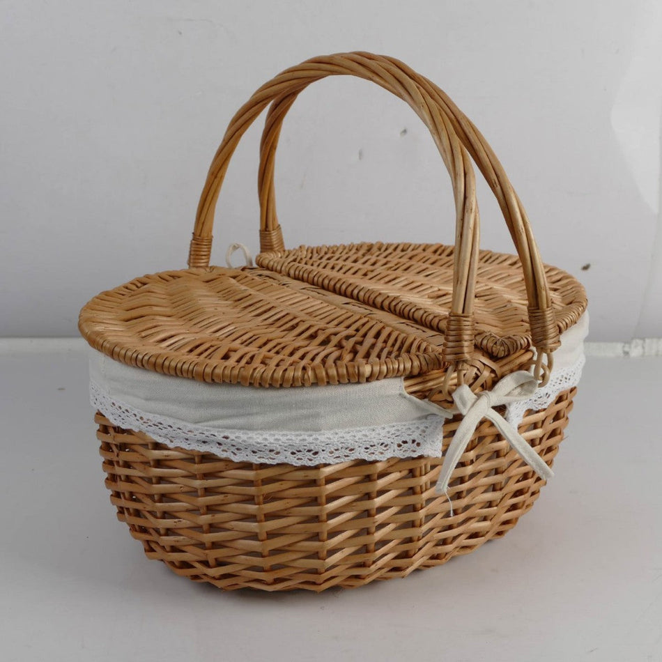 Hand-Woven Willow Picnic Basket with Handle for Storage