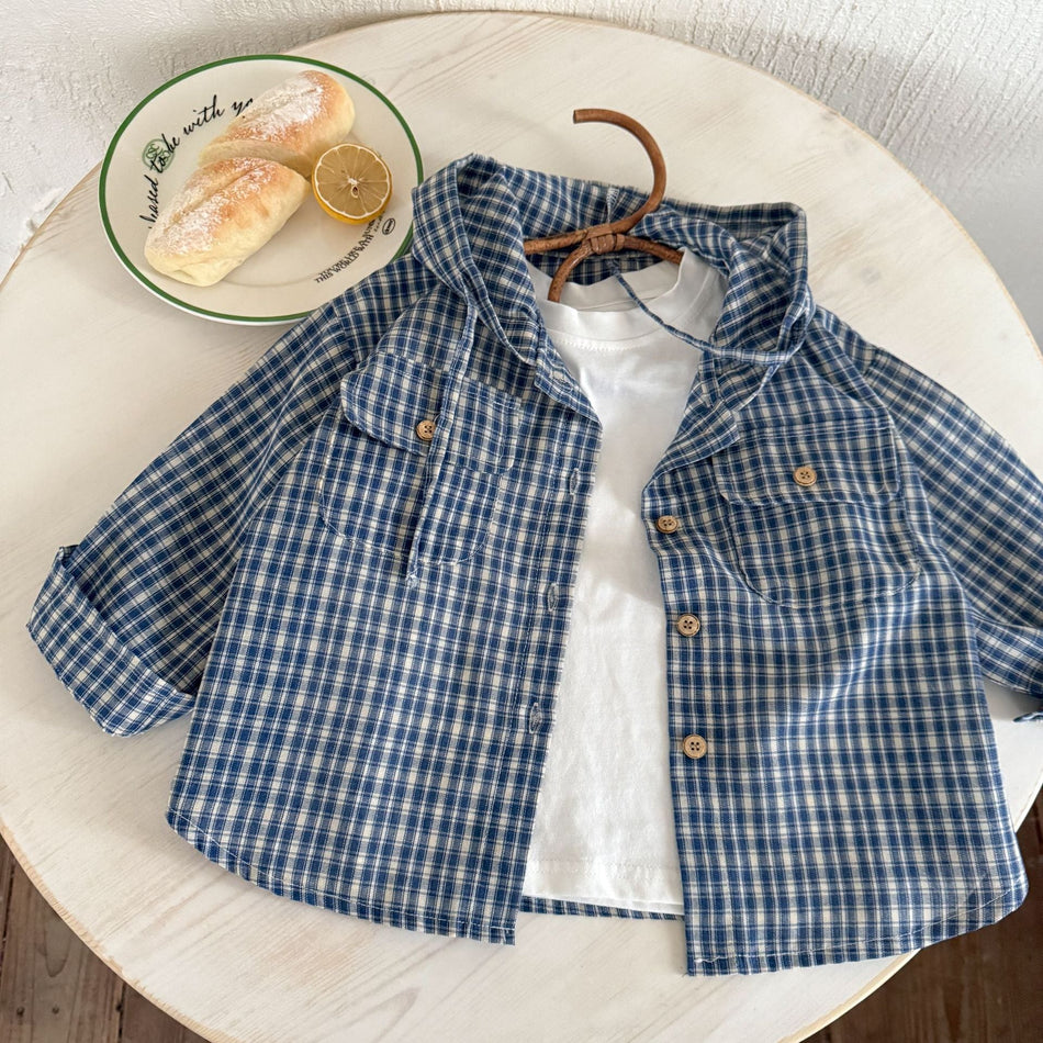 Boys' Plaid Hooded Jacket 2025 Spring Autumn Casual Top