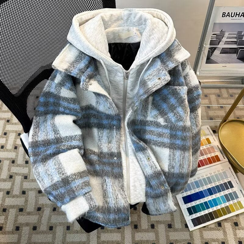 Men’s American-Style Faux Two-Piece Plaid Woolen Jacket