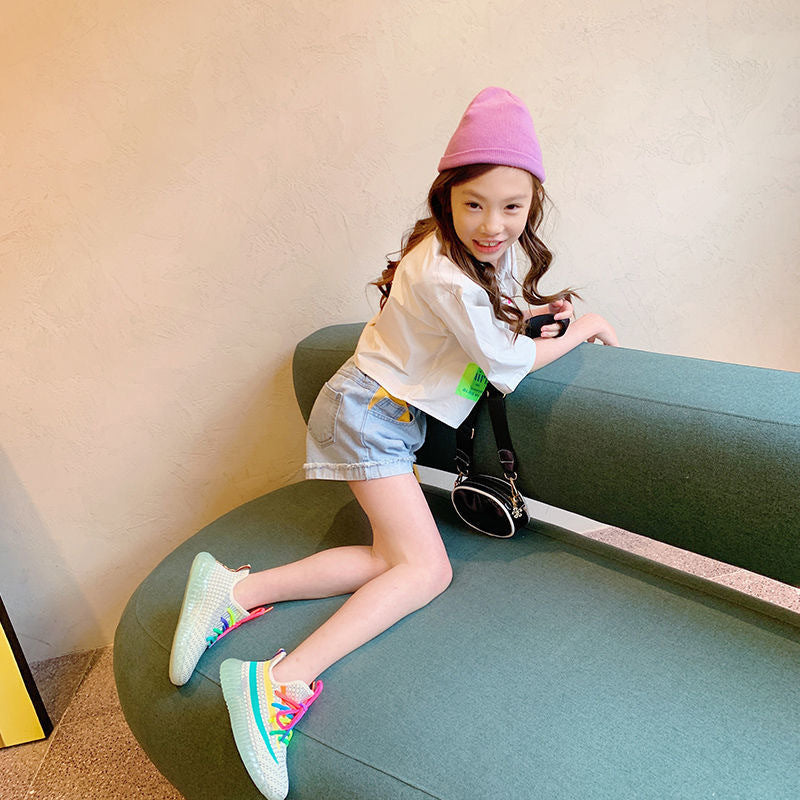 Girls Color Block Denim Shorts Loose Breathable Summer Kids