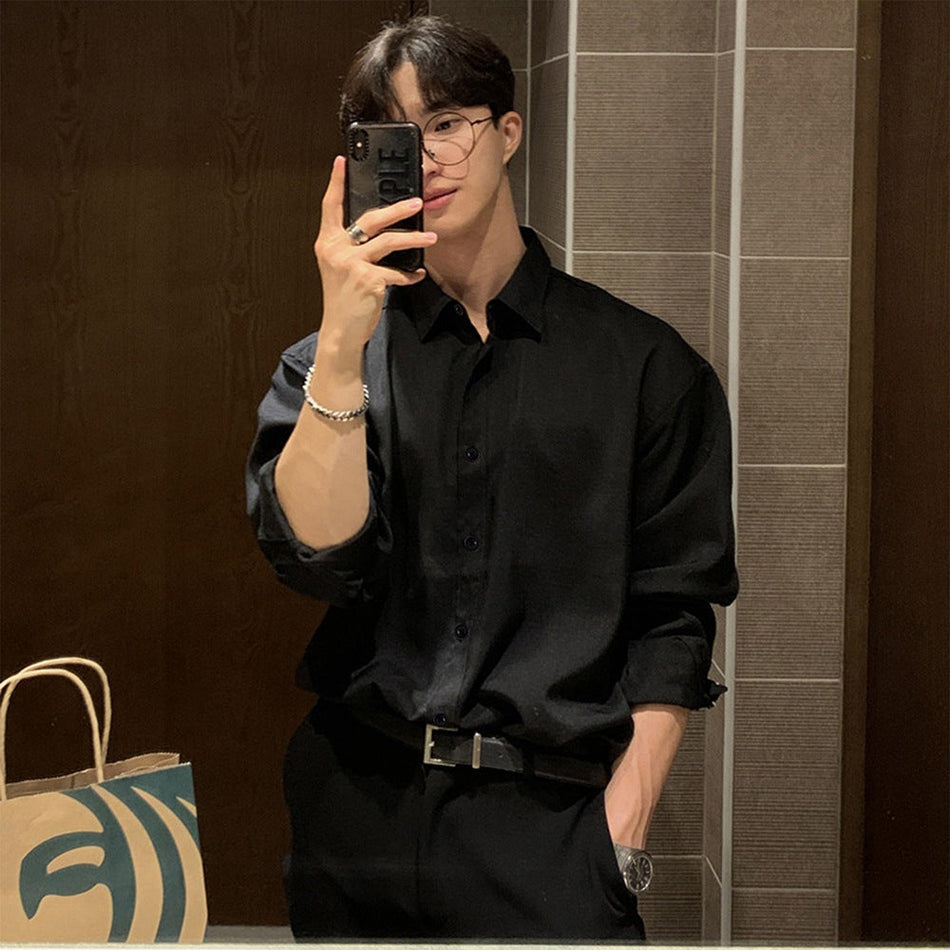 STOCK-Sleek Black Drape Shirt – Effortlessly Handsome, Smoothly