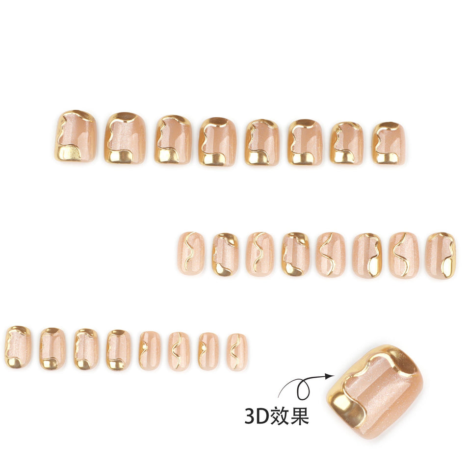 Nude Cat Eye 3D Gold Short Square Nails