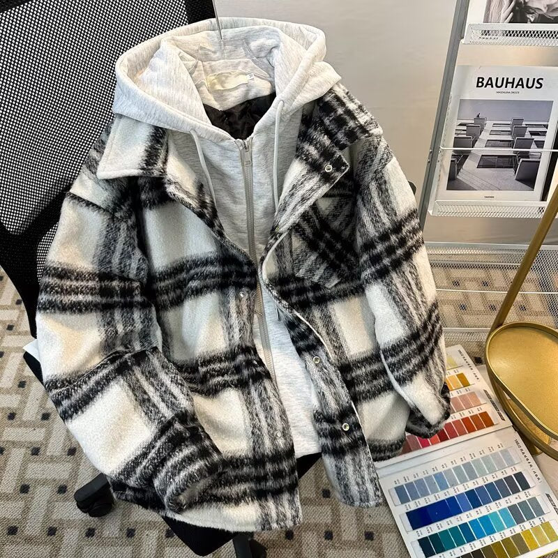 Men’s American-Style Faux Two-Piece Plaid Woolen Jacket