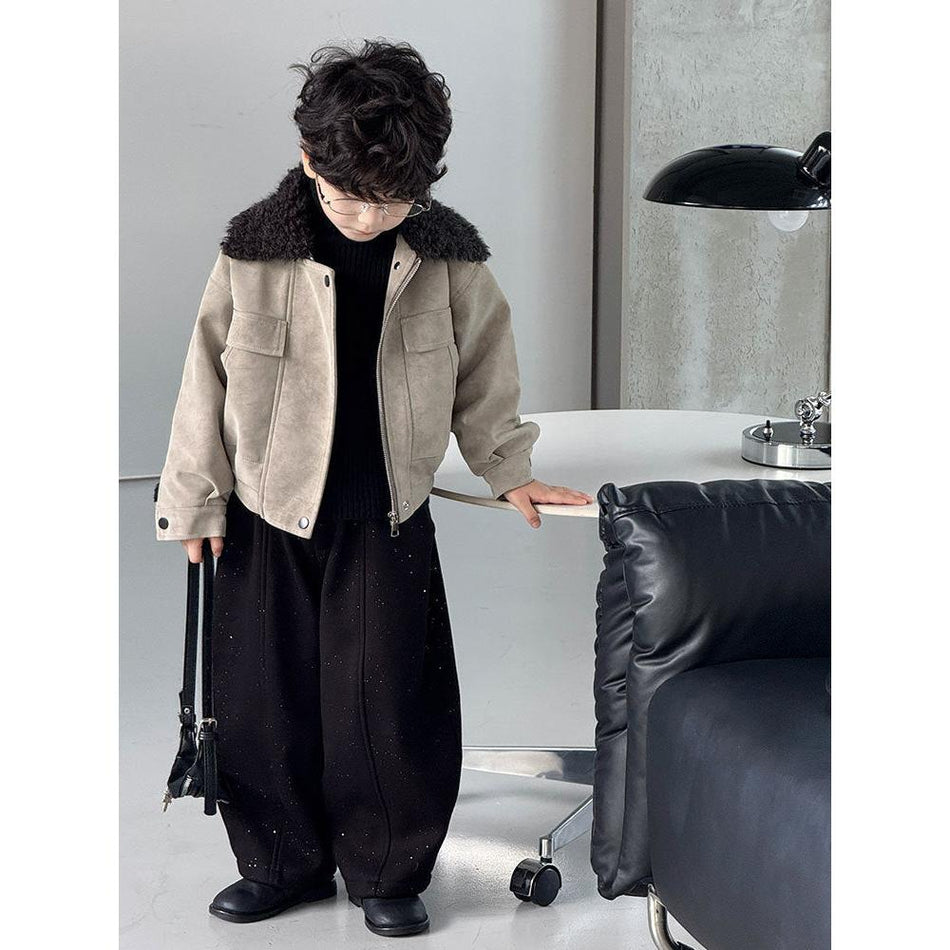 Boys’ Baby Fur Collar Leather Jacket 2025 Autumn Winter Warm Coat