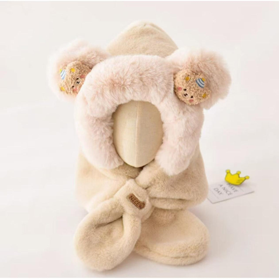 INSTOCK-Baby Plush Bear Hat & Scarf – Winter Windproof Cap