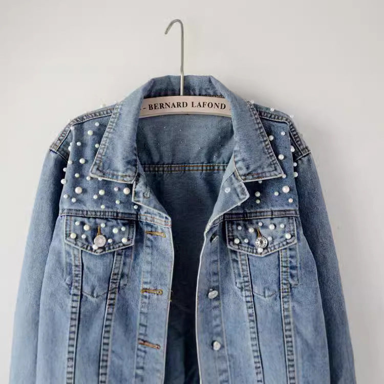STOCK-Beaded Diamond Plus-Size Denim Jacket