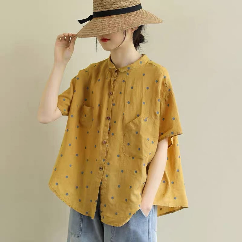 Retro Polka Dot Cotton Linen Shirt