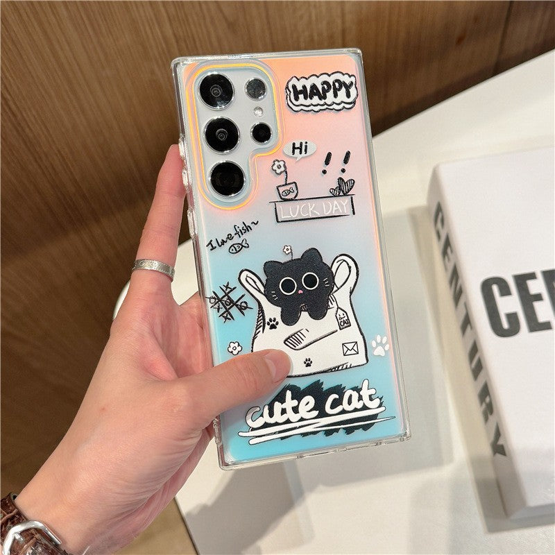 Personalized Cartoon Black Cat Samsung S24/23Ultra Laser Soft