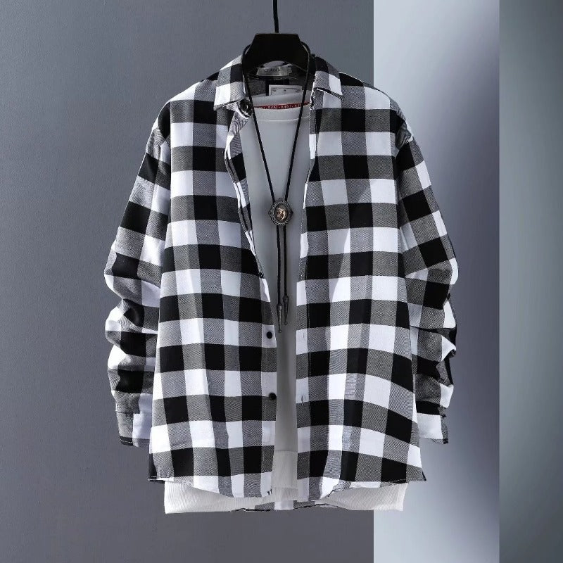 Men’s Japanese Plaid Loose Long Shirt Autumn Style
