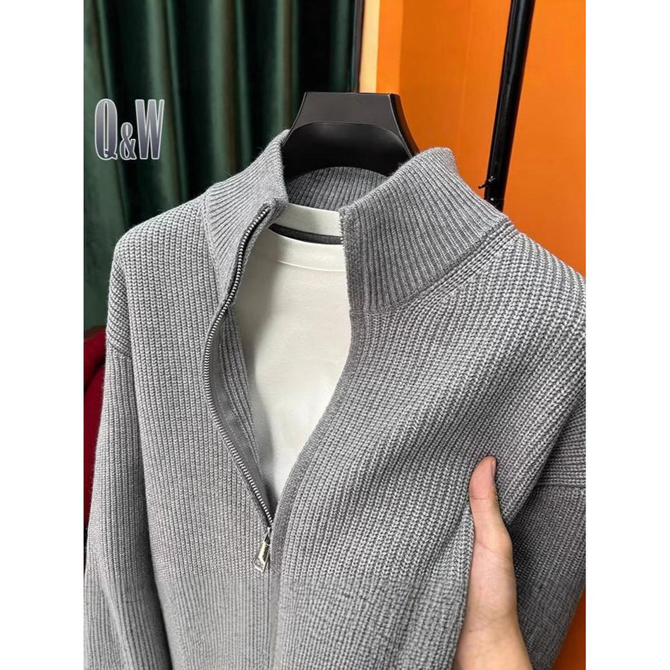 Solid Color Stand-Up Collar Men's Double Zipper Knit Jacket