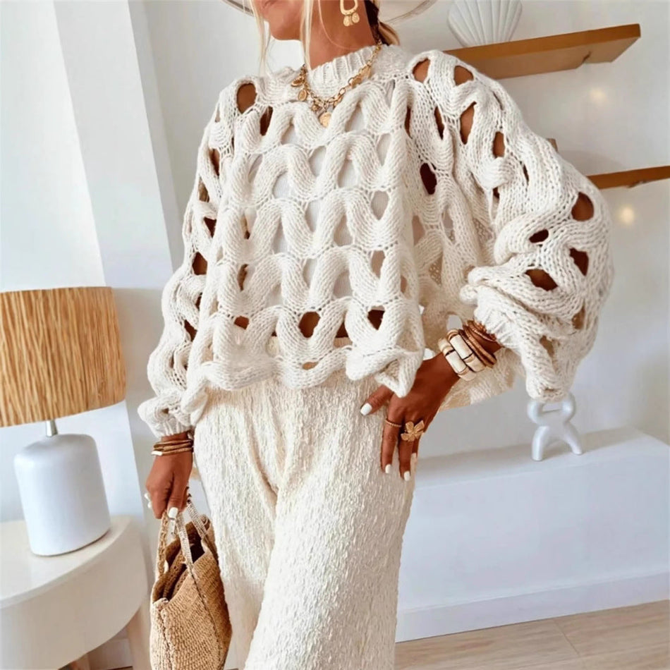 Pure Color Hook-Cut Long-Sleeve Sweater