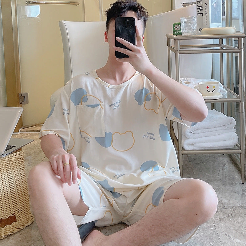 Men's Summer Cotton Silk Pajamas – Cartoon Loose Set