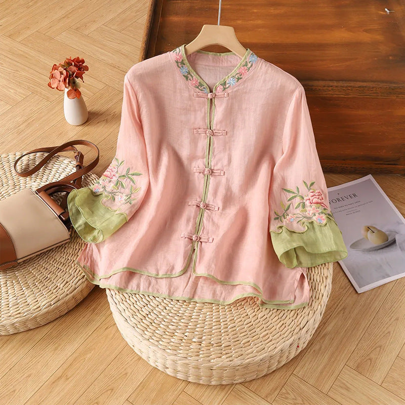 STOCK-Cotton Linen Retro Embroidered Shirt for Women