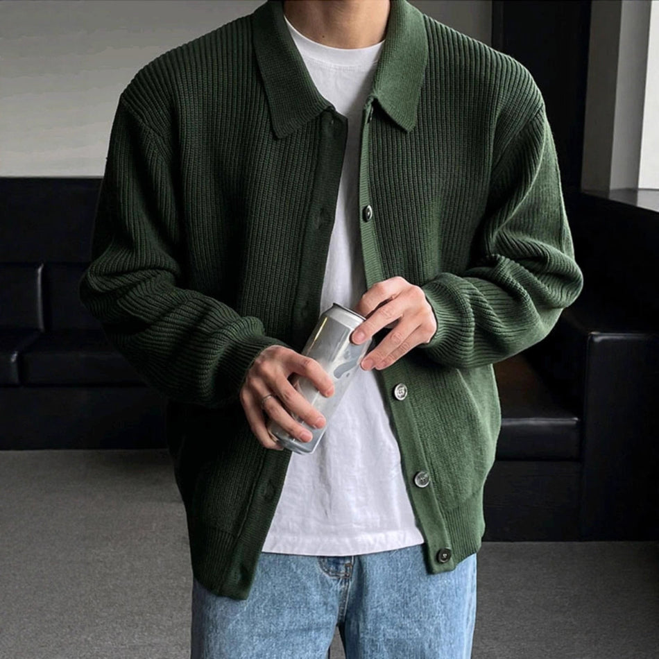 Men’s Dark Green Korean-Style Lapel Cardigan Sweater