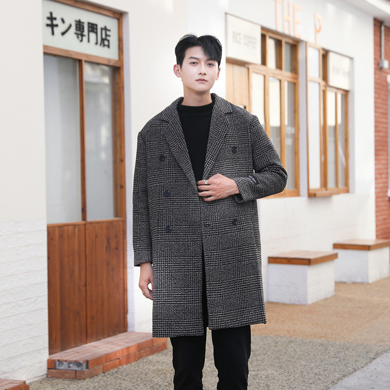 Men’s Woolen Mid-Length Trench Coat Autumn Winter Plaid Loose