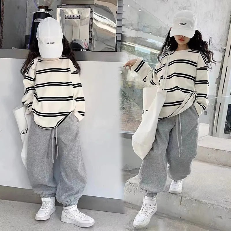 Girls’ Autumn 2024 Korean-Style Striped Two-Piece Set – Spring Autumn Kids Fashion Nepal | Tudoholic