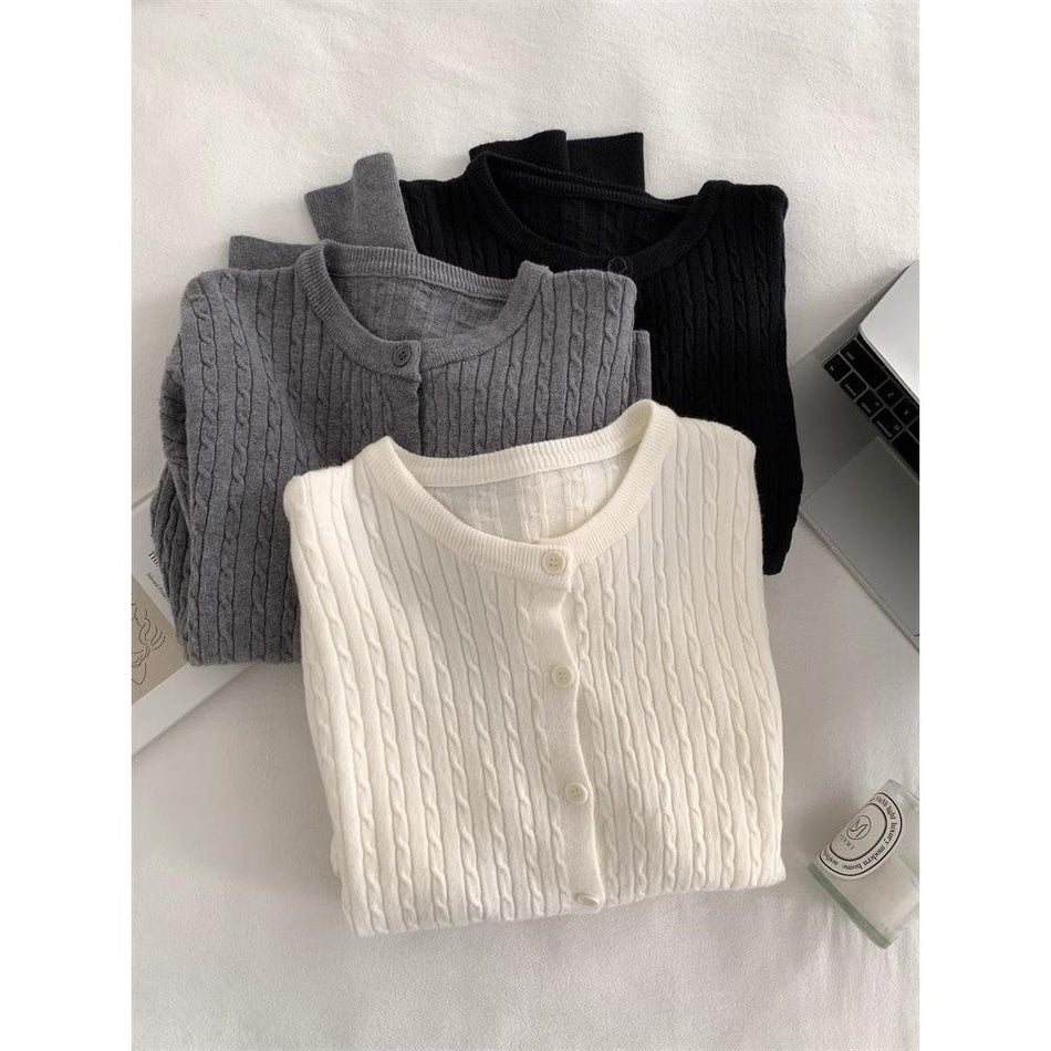 Korean Style Twist Crewneck Knitted Cardigan Women Slim-fits