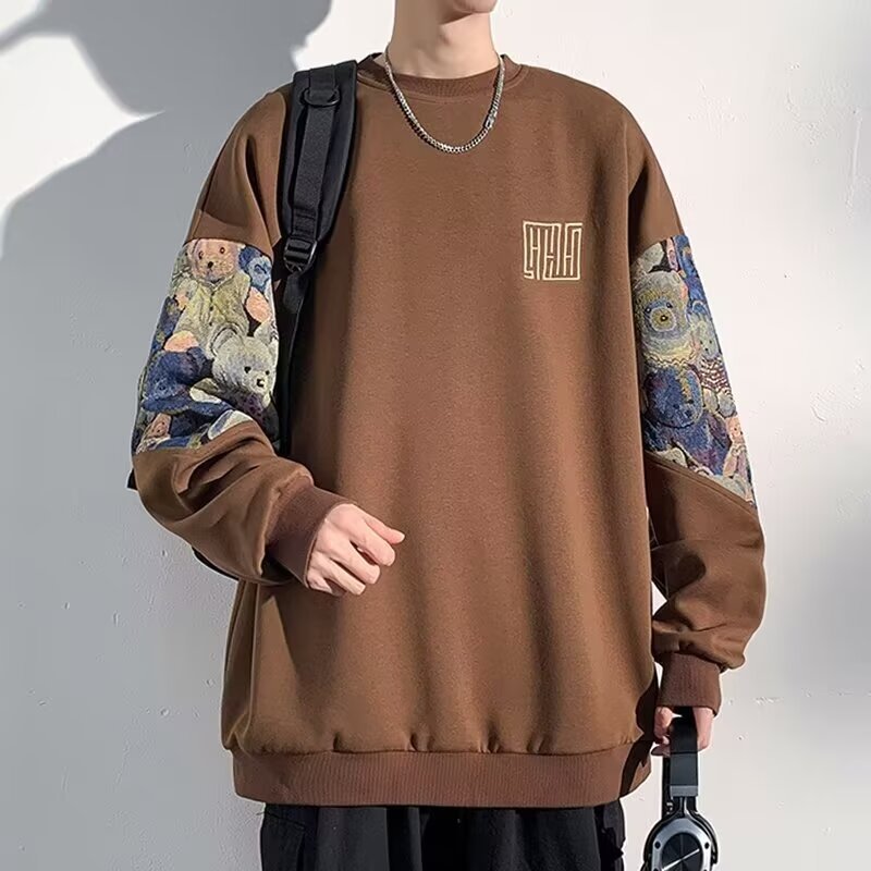 Men’s Bear Patchwork Hoodie Sweatshirt – Loose Retro Fit