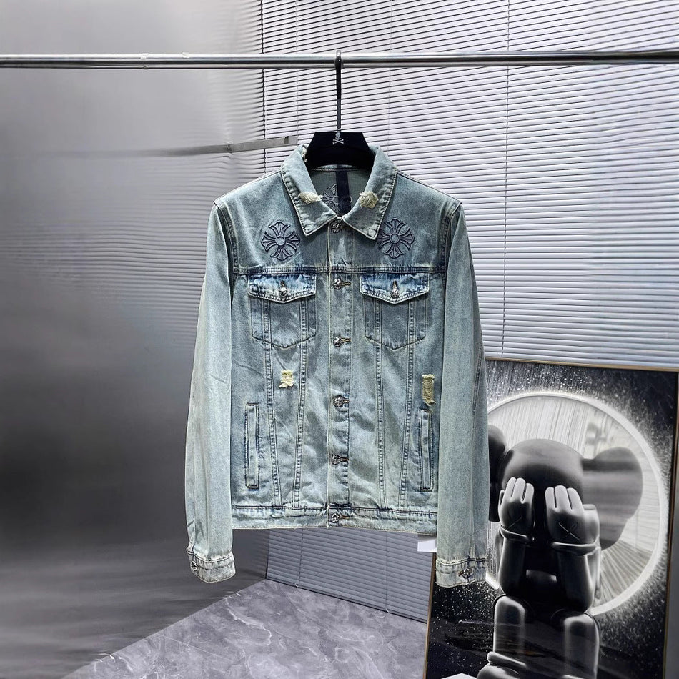 Vintage Embroidered Men’s Denim Jacket – Distressed Cardigan