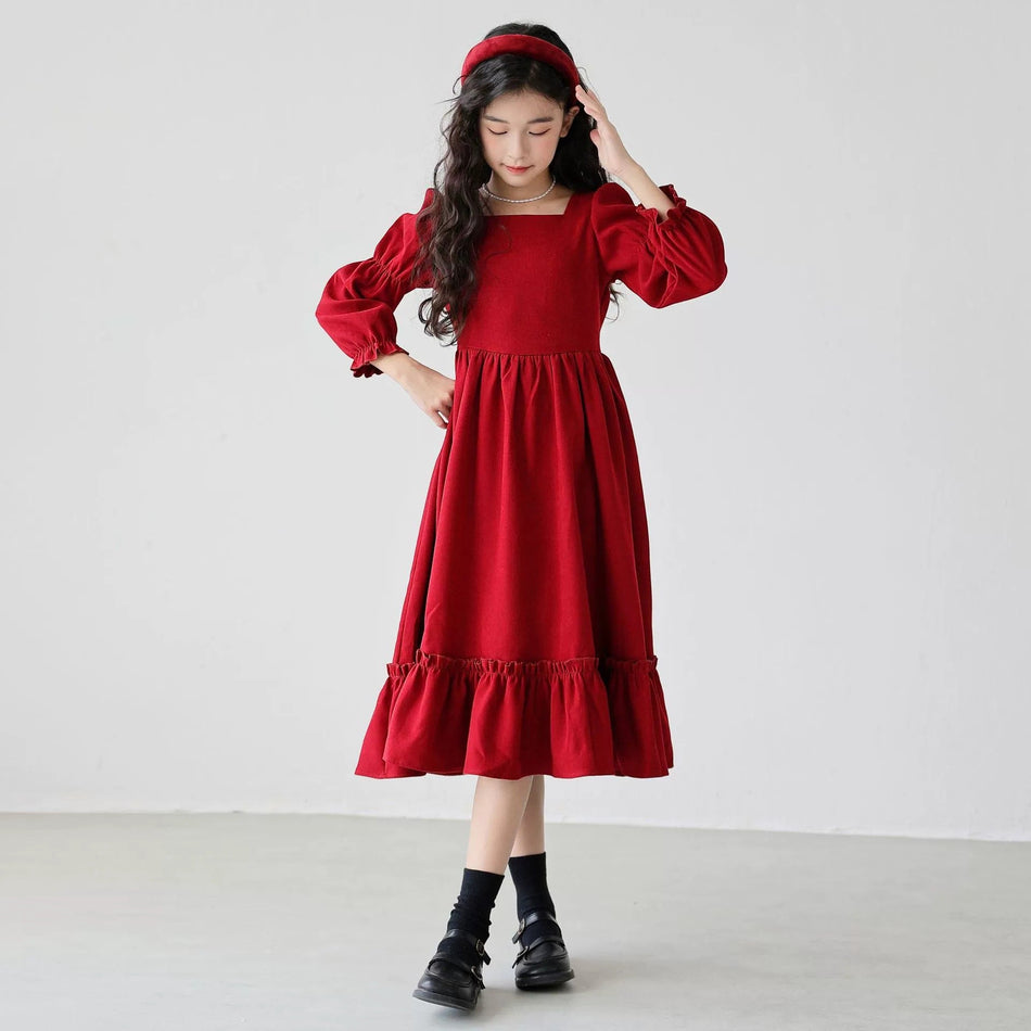 Girls’ Long-Sleeve Square Collar Princess Dress