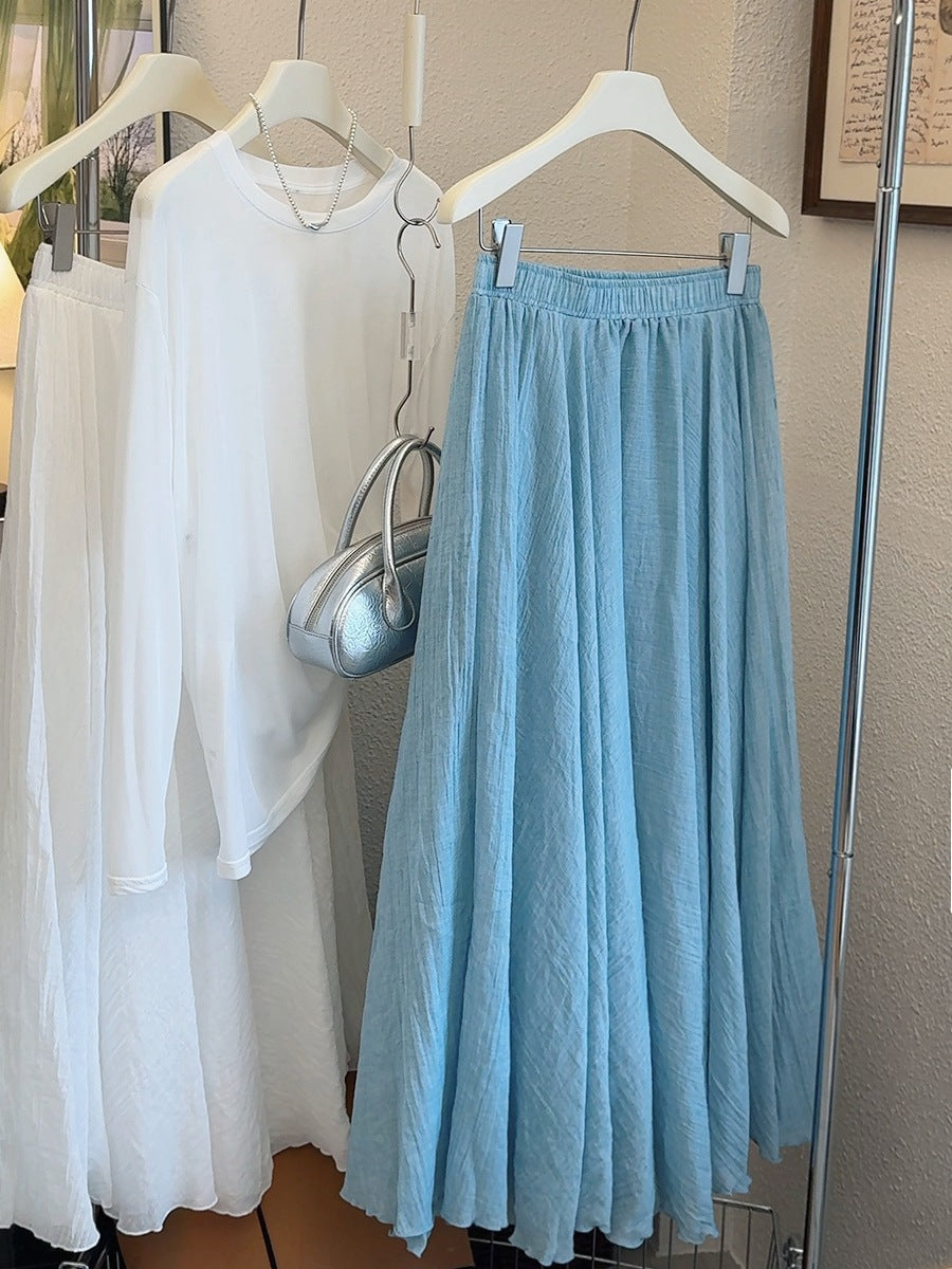 Yellow high-waisted ice tencel texture pleated a-line maxi skirt