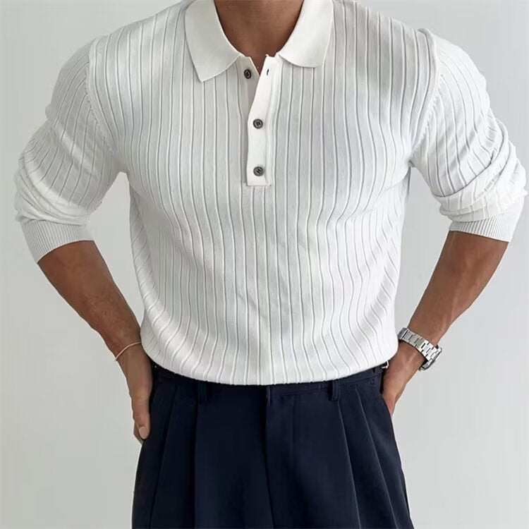 STOCK-Men’s White Lapel Knitted Sweater – Casual Spring Style