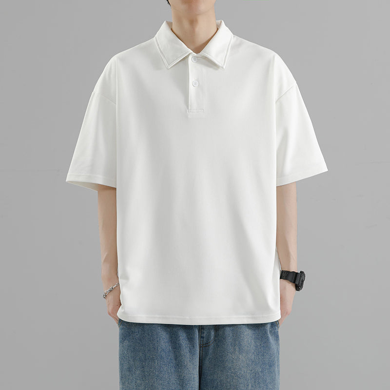 Men's Solid Color Polo Shirt Short Sleeve Loose Fit Casual Tee