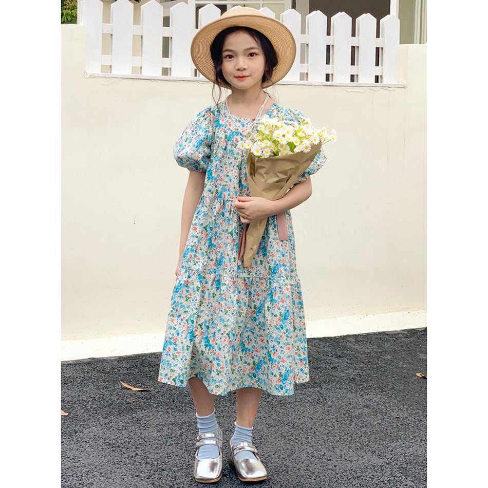 Girl’s Floral Dress Summer 2023 Puff Sleeve Mid-Length Cake Dress