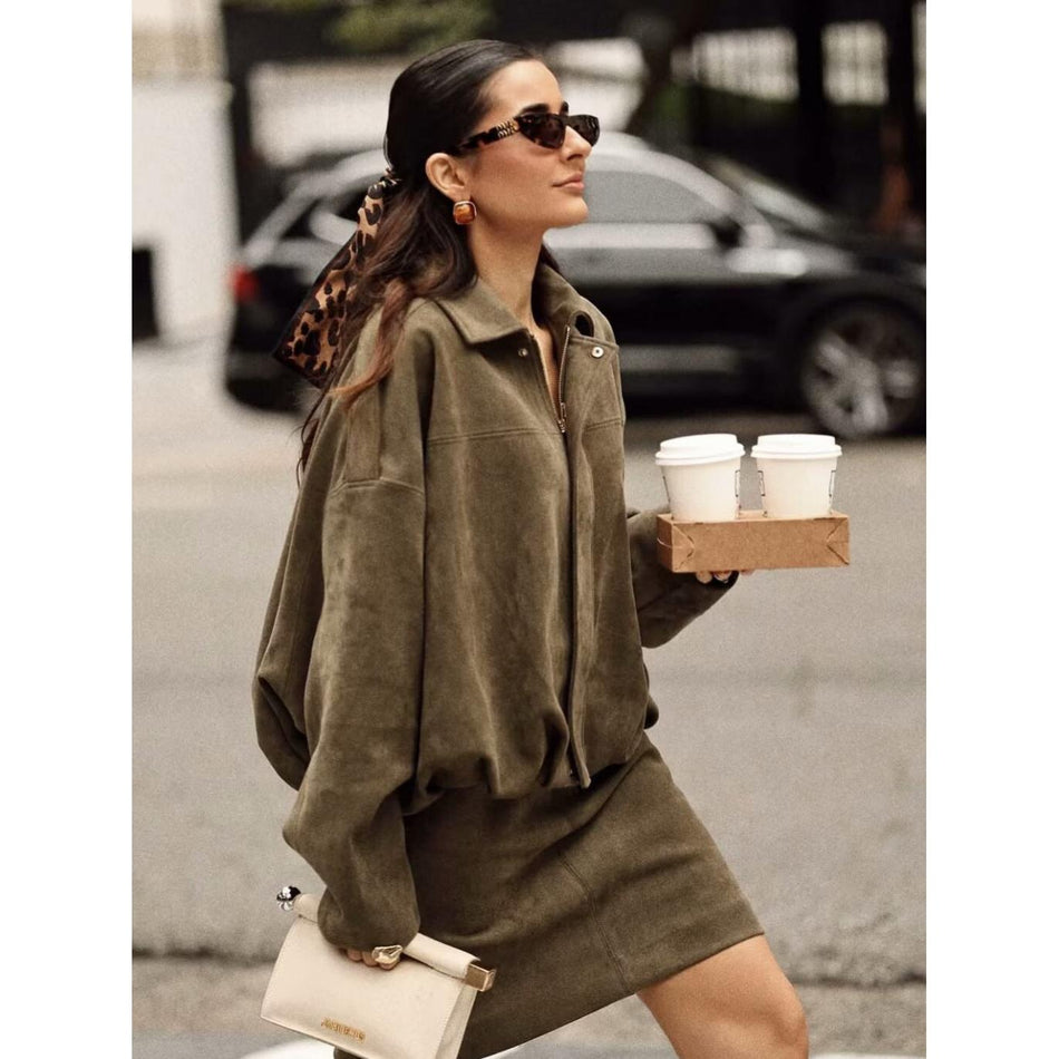 Suede Texture Bat Sleeve Bomber Jacket Women