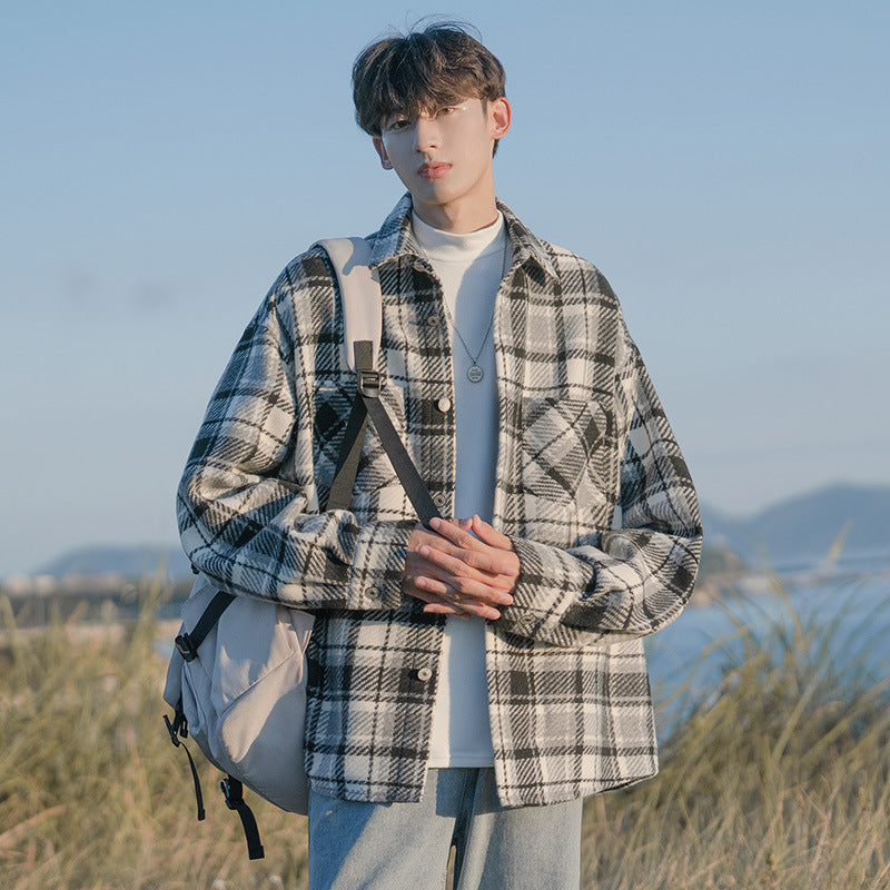 Woolen Plaid Overshirt Men’s Hong Kong Style Jacket