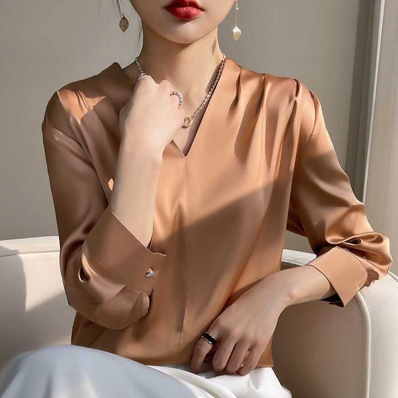 Women’s Imitation Mulberry Silk Satin V-Shape Shirt Bottom less