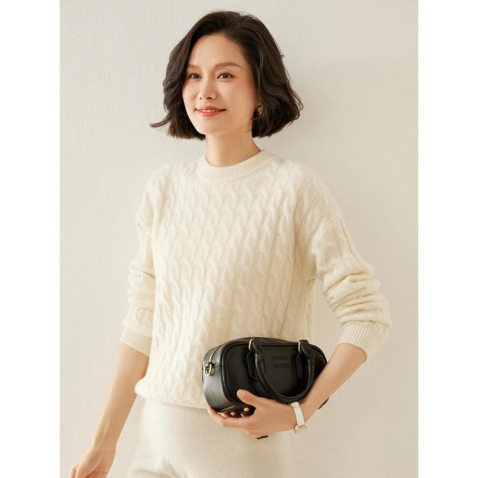 Women’s Cashmere Round Neck Twist Sweater for Winter