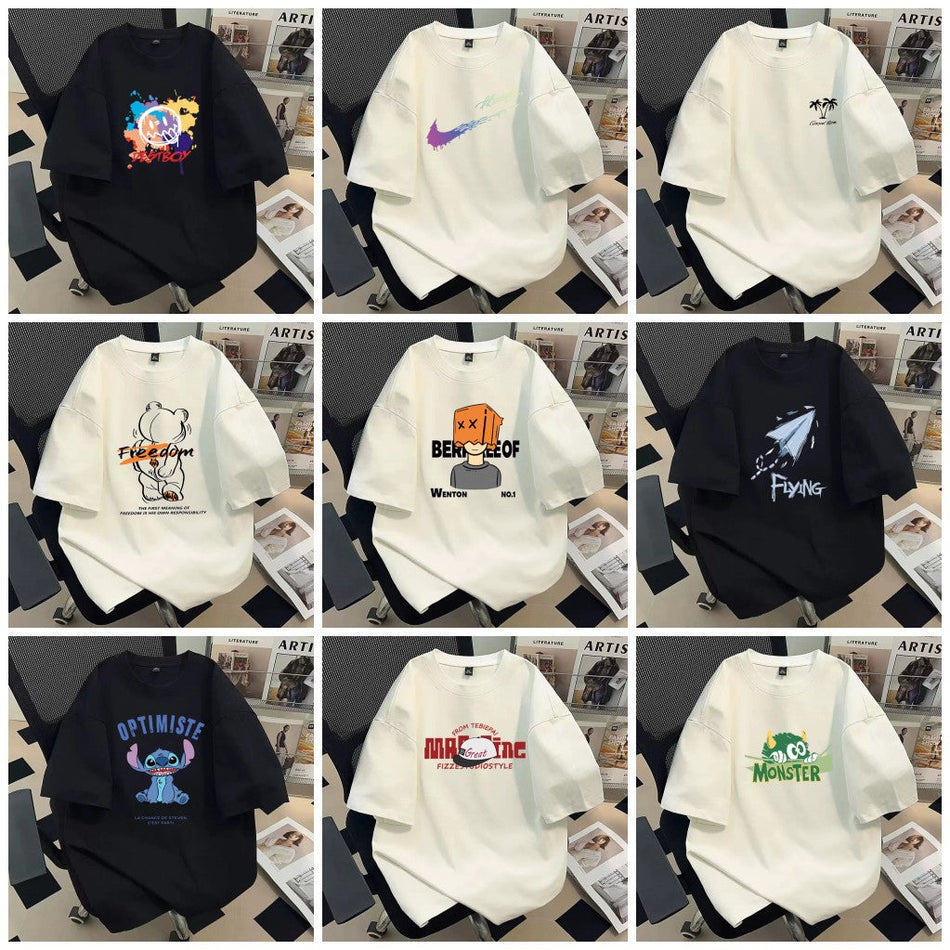 Men’s American-Style Heavy Cotton Loose Cartoon Short-Sleeve