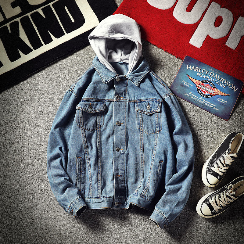 STOCK-Men’s Korean-Style Denim Jacket – Loose Hooded Coat