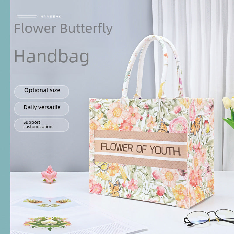 INSTOCK-Floral Butterfly Canvas Tote – Large Gift Handbag