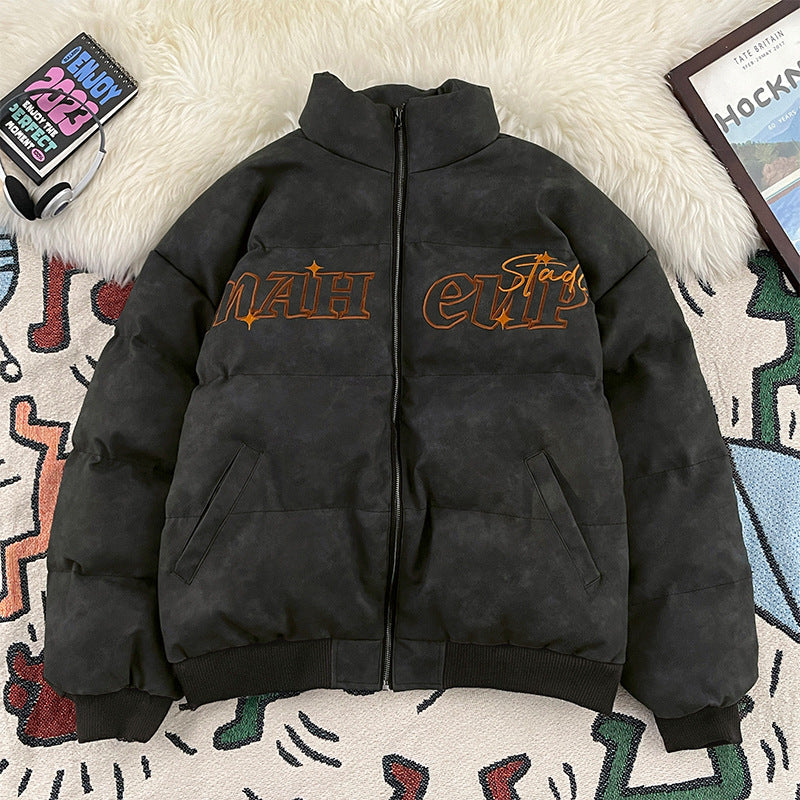 Vintage Embroidered PU Leather Down Jacket Oversize Unisex