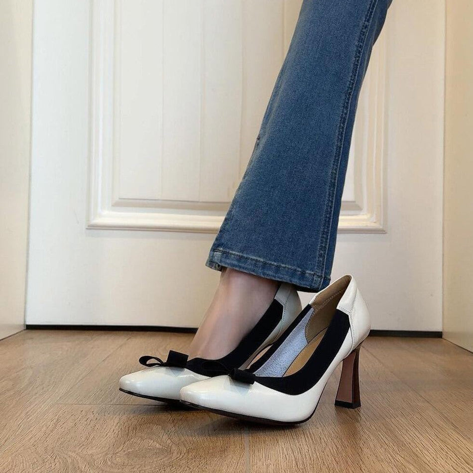 Sheepskin Bow High Heels – Retro Elegant Thick-Heel Shoes