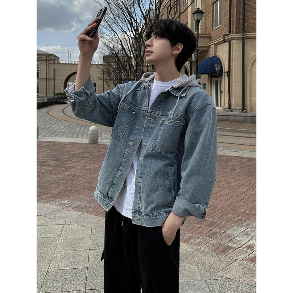 Men’s Fake Two-Piece Hooded Denim Jacket Autumn Casual