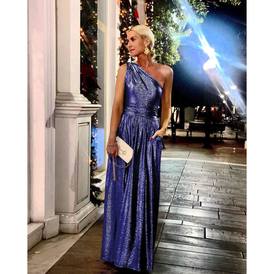 Gilding Oblique Shoulder Dress - 2026 "INS" Liquid Gold Party