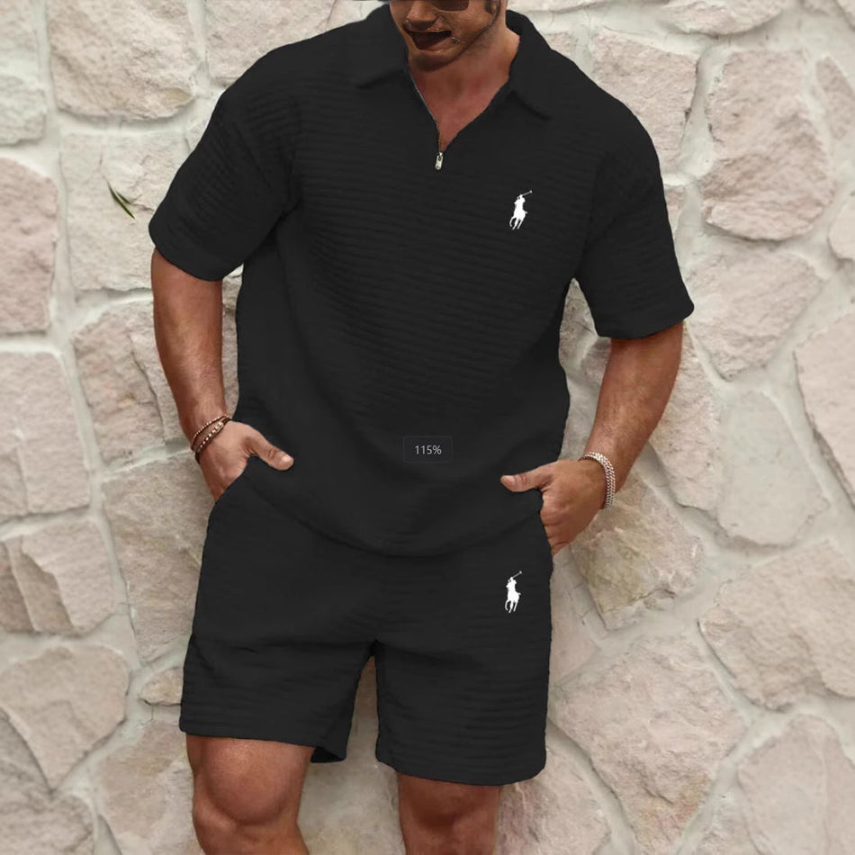 Summer Men's Waffle Solid Color Pony Lapel Shirt