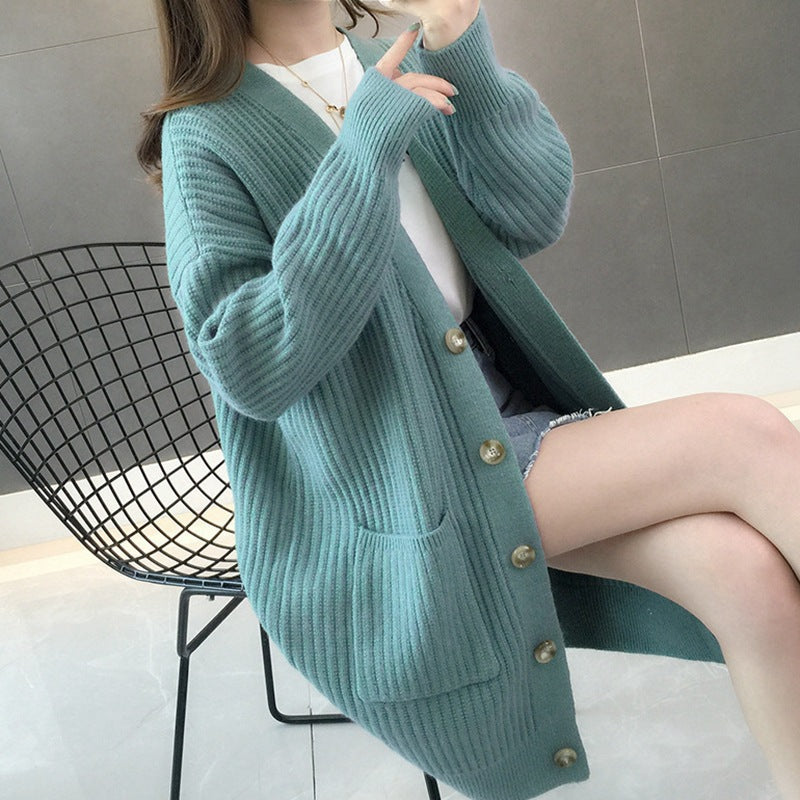 Women’s 2Korean-Style Mid-Length Knit Cardigan