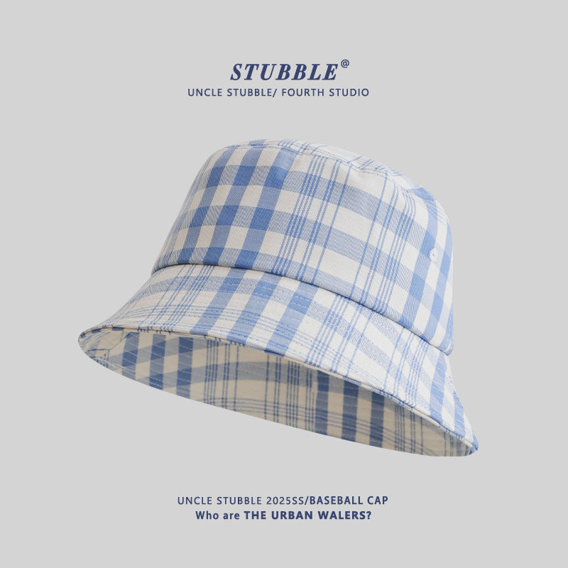 Korean Style Fresh Blue and White Checkered Unisex Bucket Hat