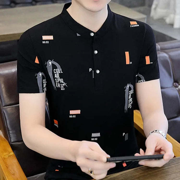 INSTOCK-Men’s Cotton T-Shirt – Printed Stand Collar Top