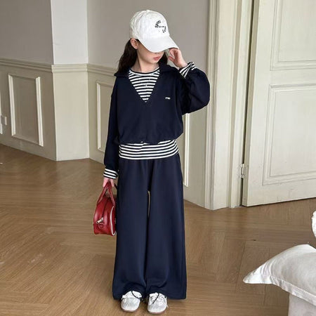 Girls’ Autumn 2025 Striped Fake Two-Piece Set – Spring Autumn Kids Fashion Nepal | Tudoholic