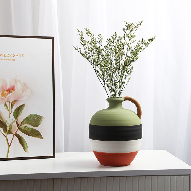 Retro Big Belly Ceramic Vase Yellow Green for Home Decor